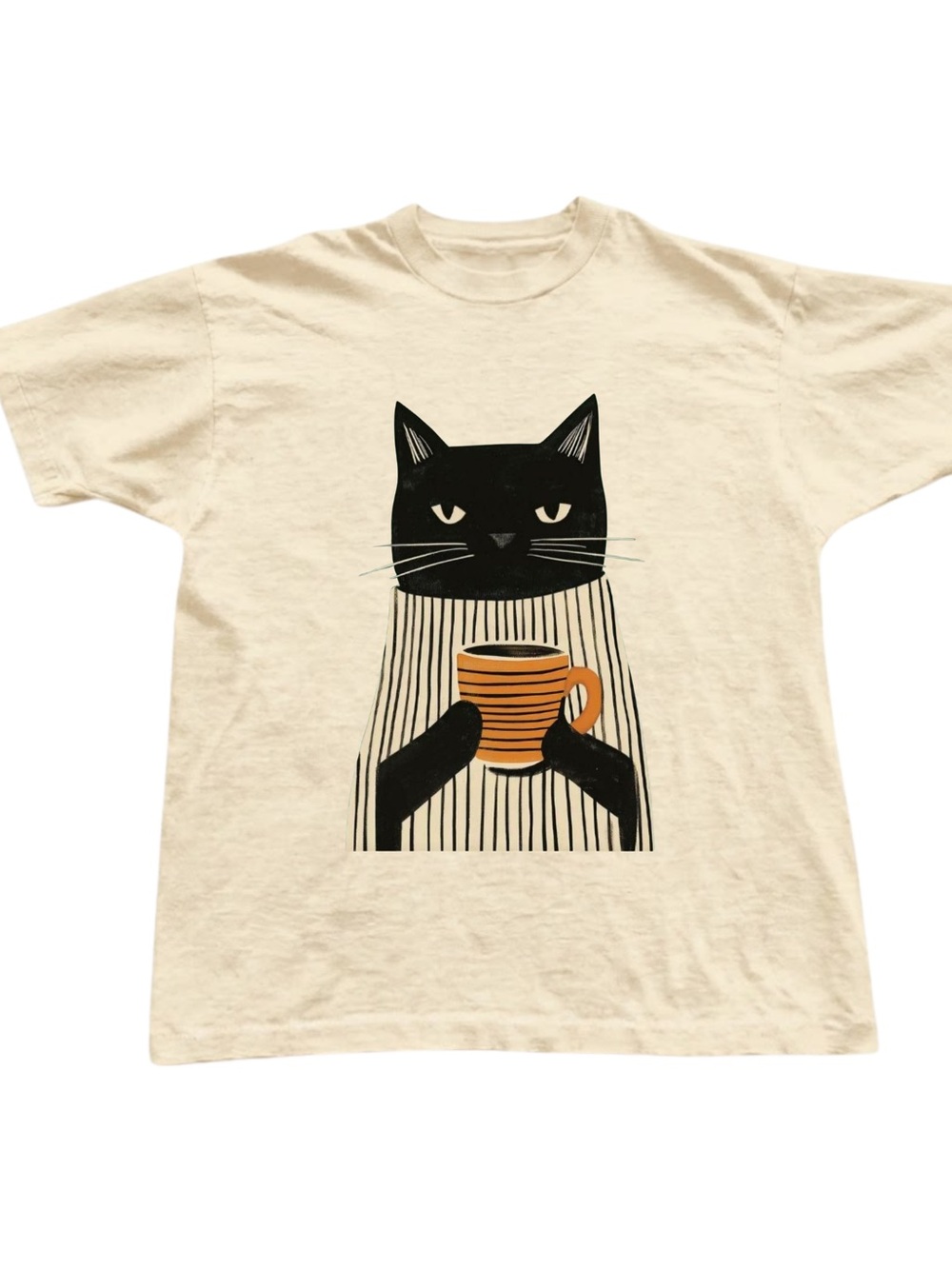 Gildan Cat Graphic Tee in Cream with Black Cat and Orange Mug
